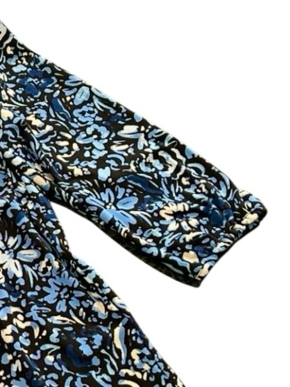 JONES NEW YORK BLOUSE Blue Black Floral Keyhole V-neck 3/4 sleeves Medium - Picture 5 of 7
